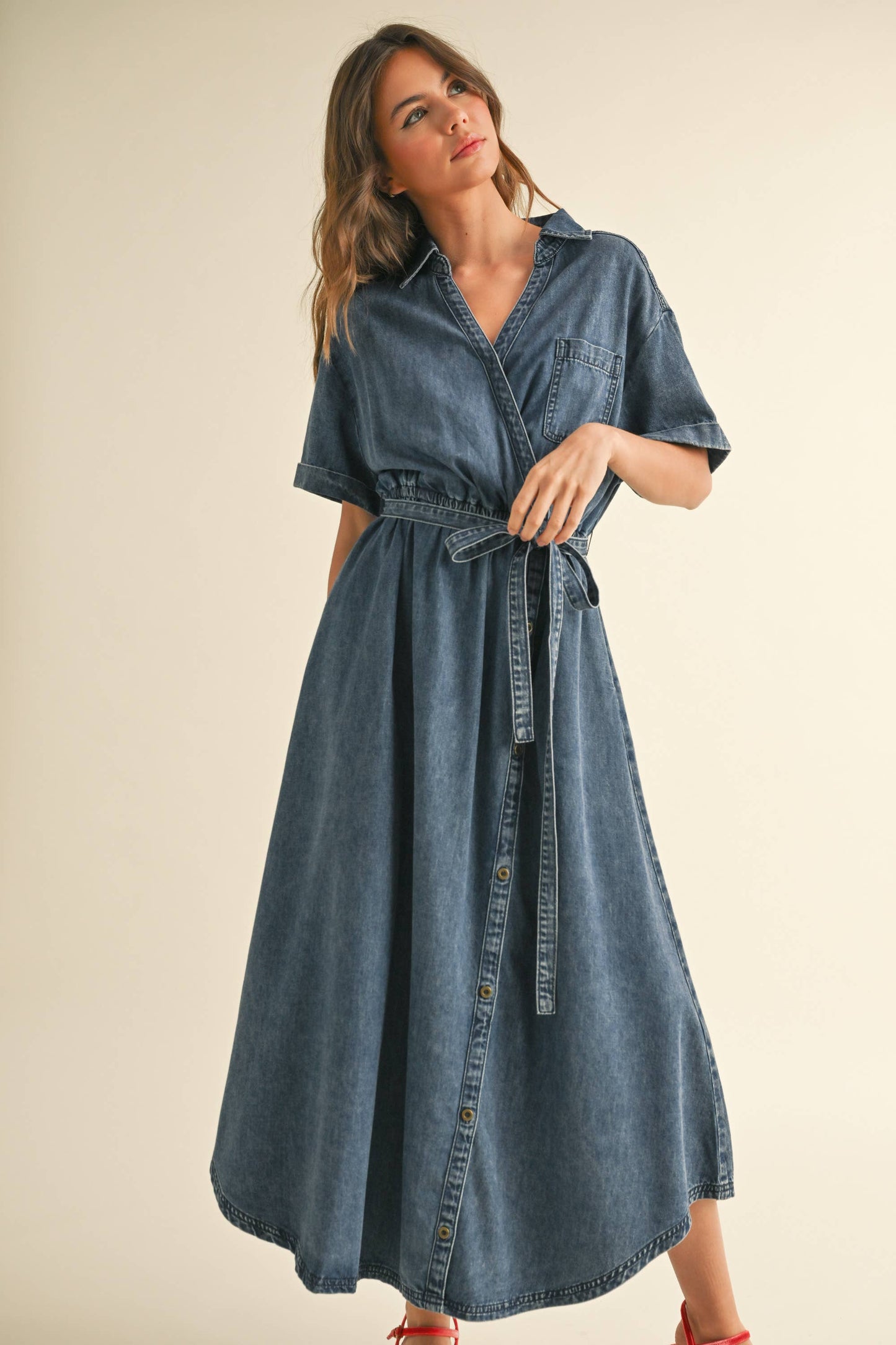 ASYMMETRIC BUTTON DETAIL DENIM SHIRT DRESS