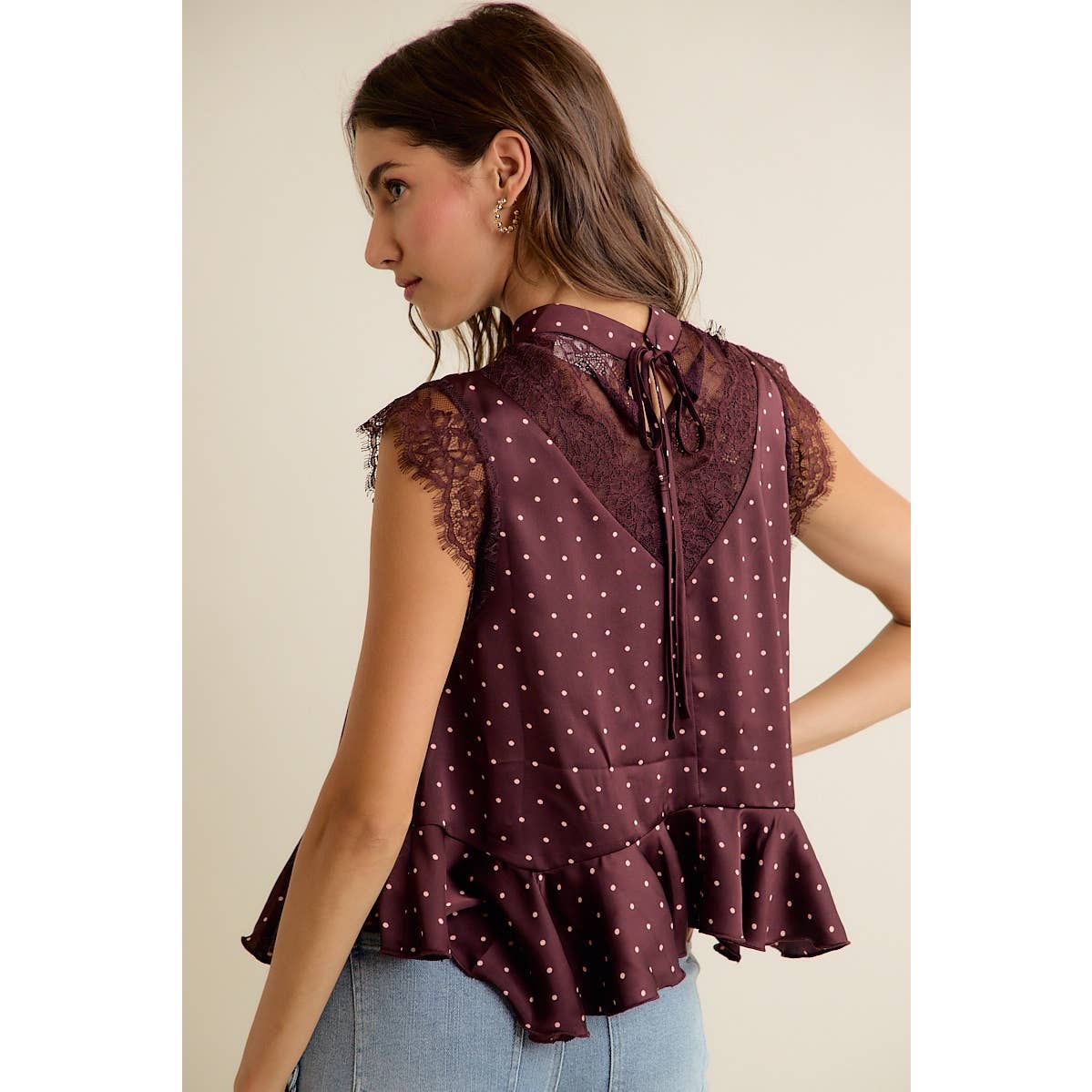 LACE TRIM POLKA DOT BLOUSE