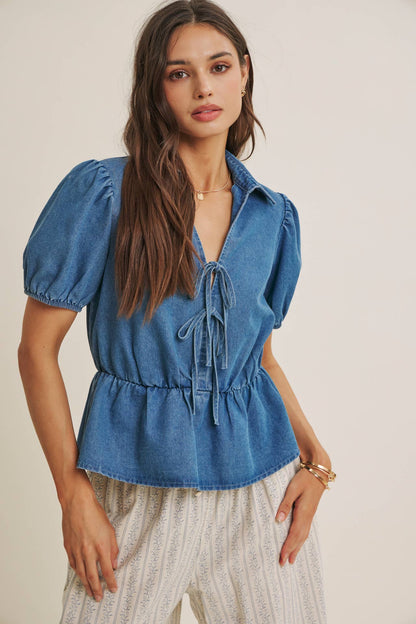 DENIM BOW MOMENT BLOUSE