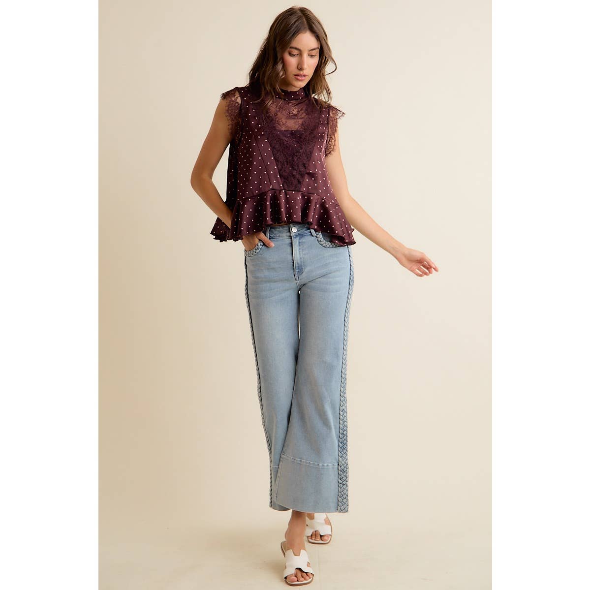 LACE TRIM POLKA DOT BLOUSE