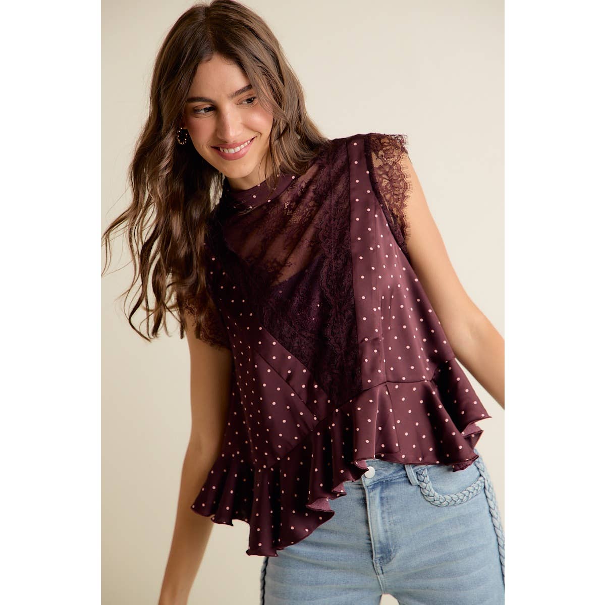 LACE TRIM POLKA DOT BLOUSE