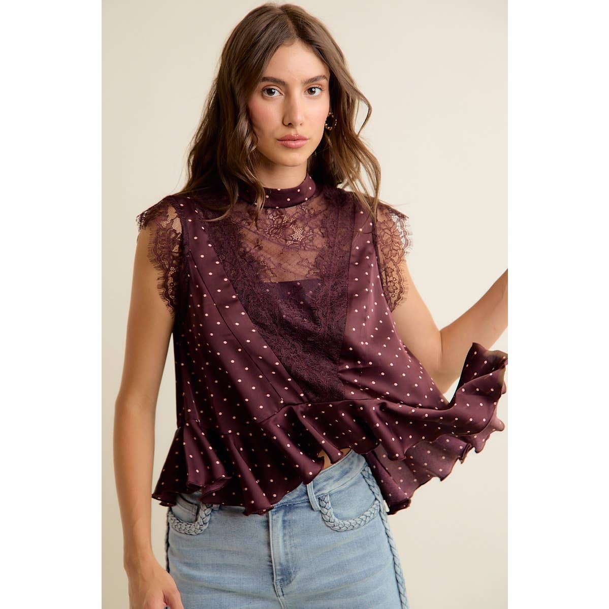 LACE TRIM POLKA DOT BLOUSE