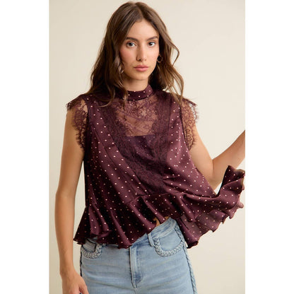 LACE TRIM POLKA DOT BLOUSE