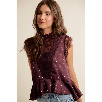LACE TRIM POLKA DOT BLOUSE