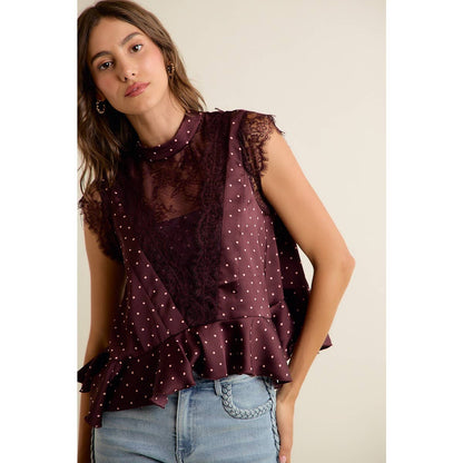 LACE TRIM POLKA DOT BLOUSE