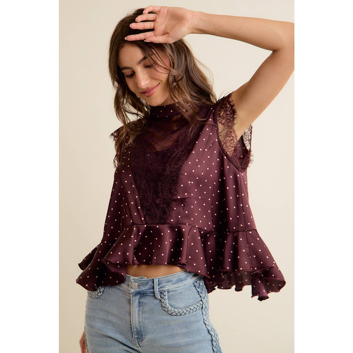 LACE TRIM POLKA DOT BLOUSE
