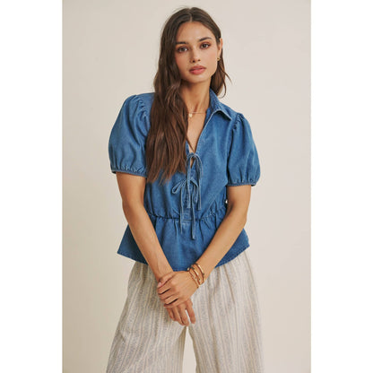DENIM BOW MOMENT BLOUSE