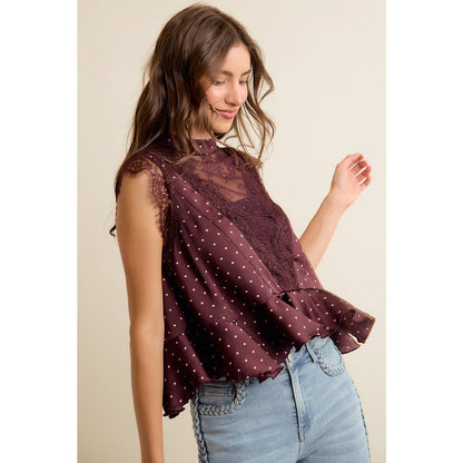 LACE TRIM POLKA DOT BLOUSE