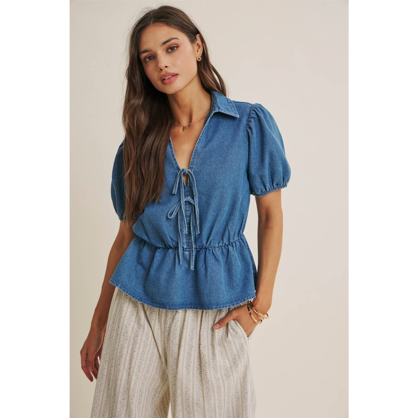 DENIM BOW MOMENT BLOUSE