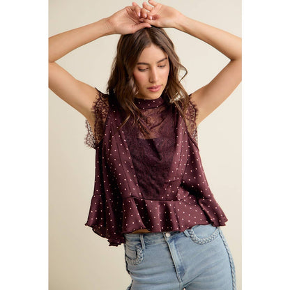 LACE TRIM POLKA DOT BLOUSE