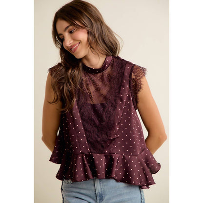 LACE TRIM POLKA DOT BLOUSE