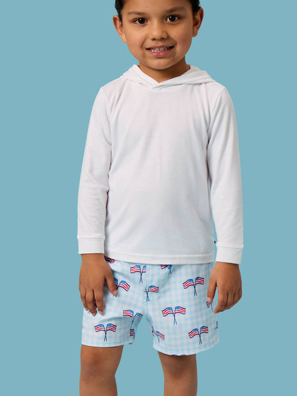 PATRIOTIC GINGHAM SWIM TRUNKS