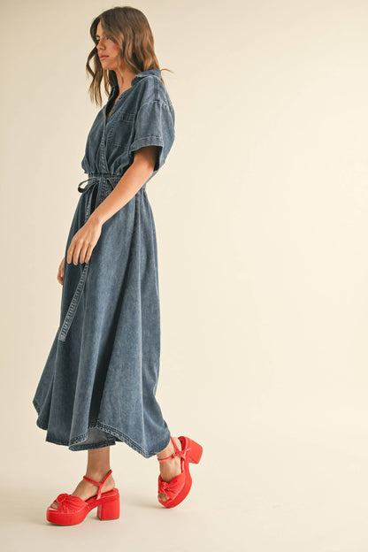 ASYMMETRIC BUTTON DETAIL DENIM SHIRT DRESS