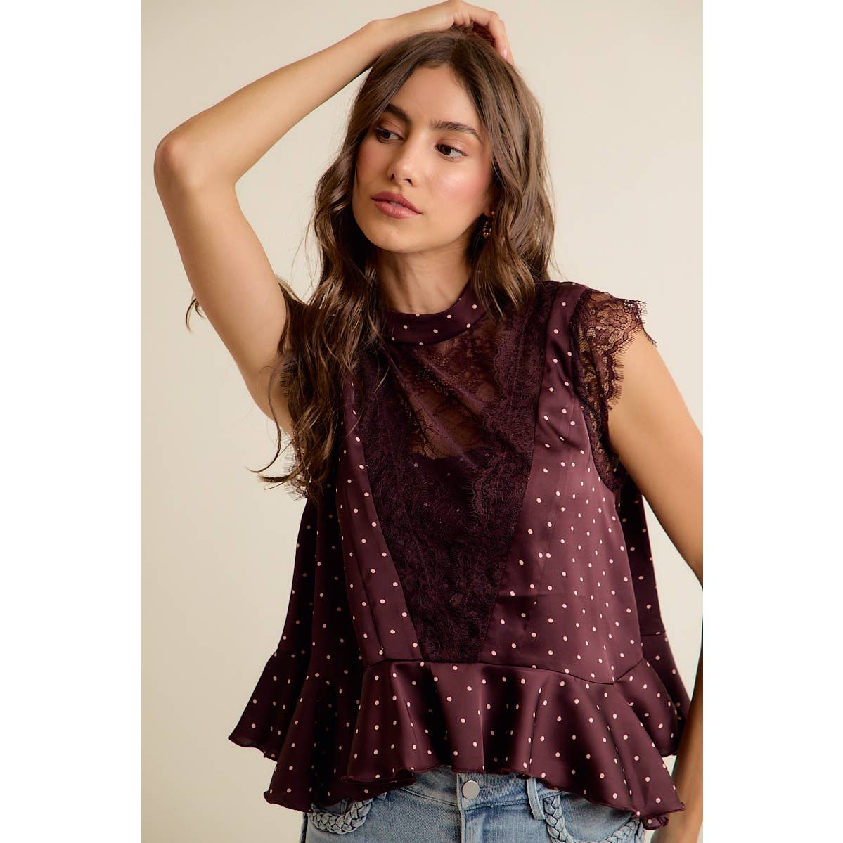 LACE TRIM POLKA DOT BLOUSE
