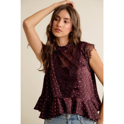LACE TRIM POLKA DOT BLOUSE