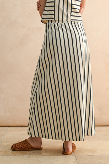 BUTTON FRONT STRIPED LONG SKIRT