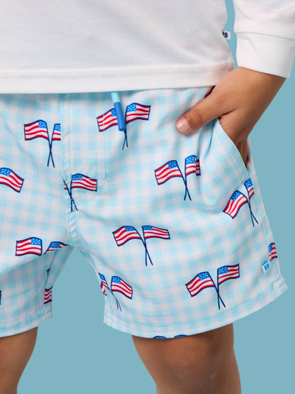 PATRIOTIC GINGHAM SWIM TRUNKS
