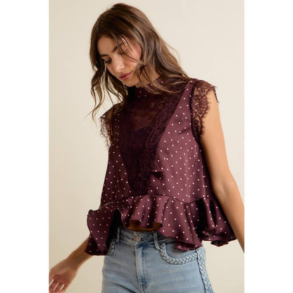 LACE TRIM POLKA DOT BLOUSE