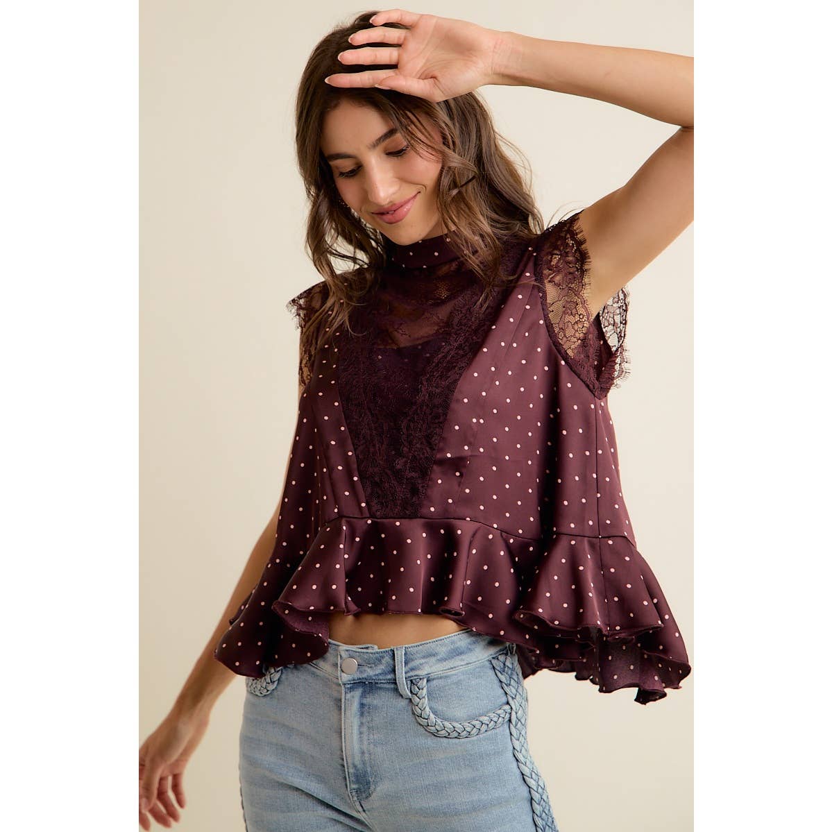LACE TRIM POLKA DOT BLOUSE