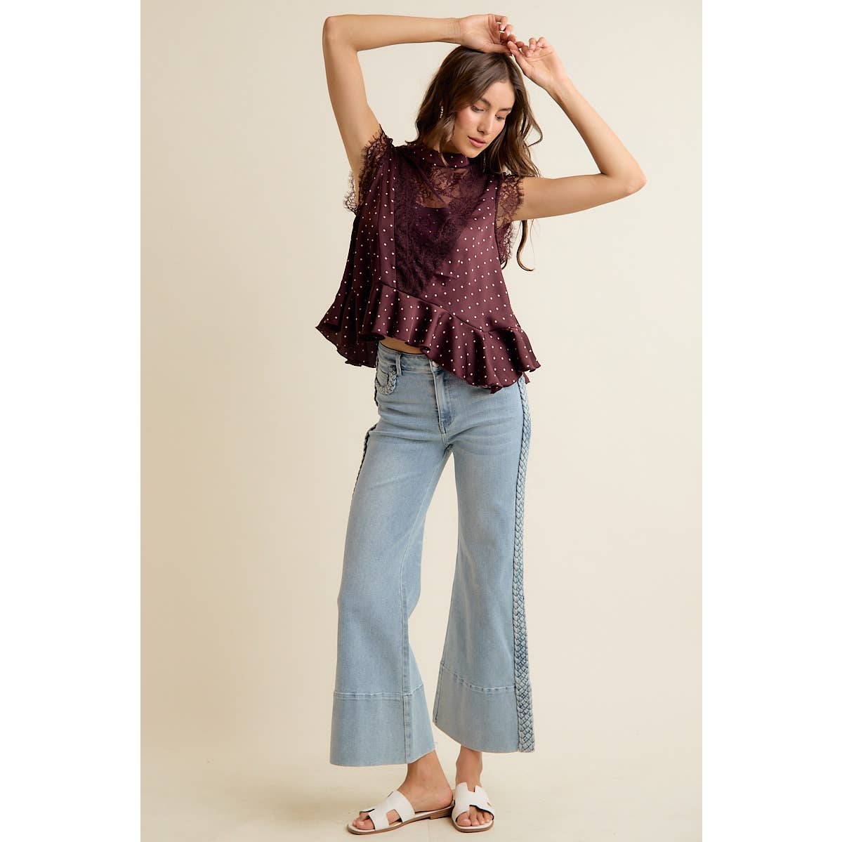 LACE TRIM POLKA DOT BLOUSE