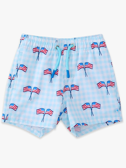 PATRIOTIC GINGHAM SWIM TRUNKS