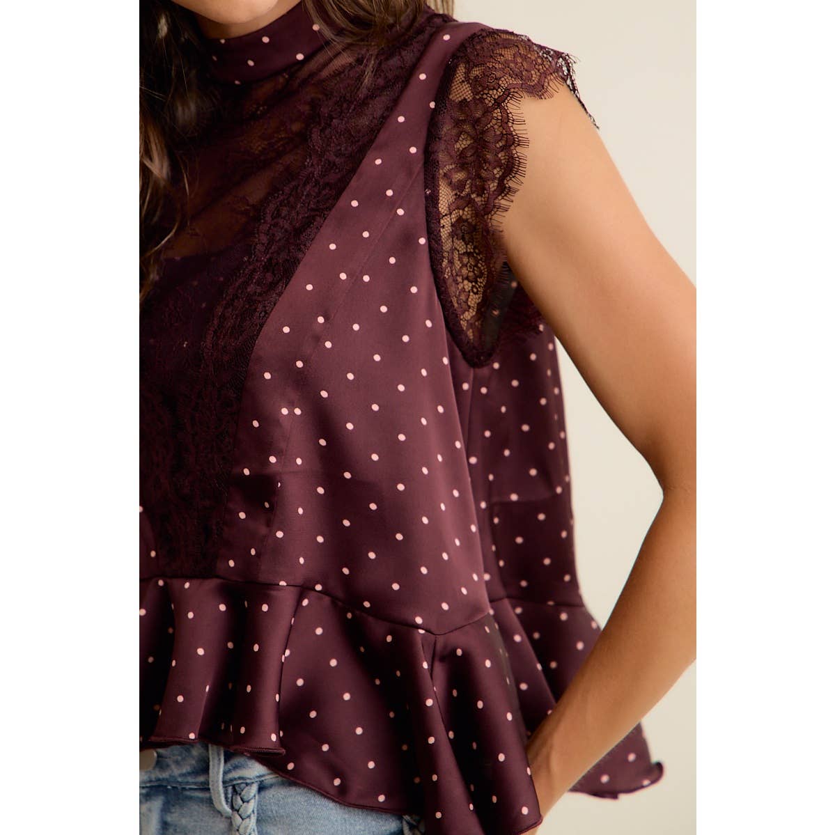 LACE TRIM POLKA DOT BLOUSE