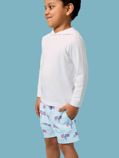 PATRIOTIC GINGHAM SWIM TRUNKS