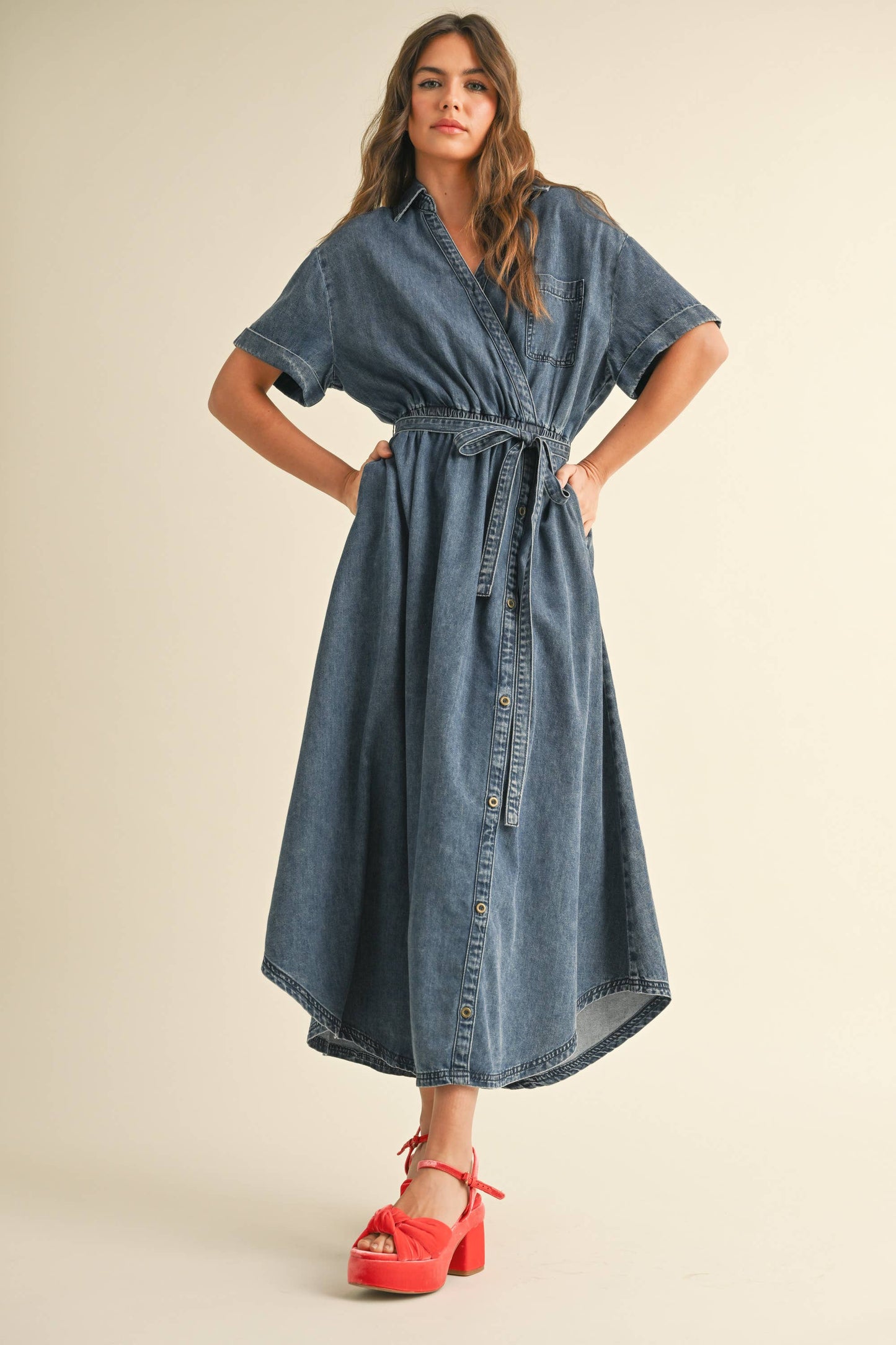 ASYMMETRIC BUTTON DETAIL DENIM SHIRT DRESS
