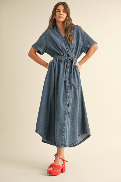 ASYMMETRIC BUTTON DETAIL DENIM SHIRT DRESS