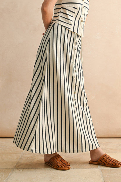 BUTTON FRONT STRIPED LONG SKIRT