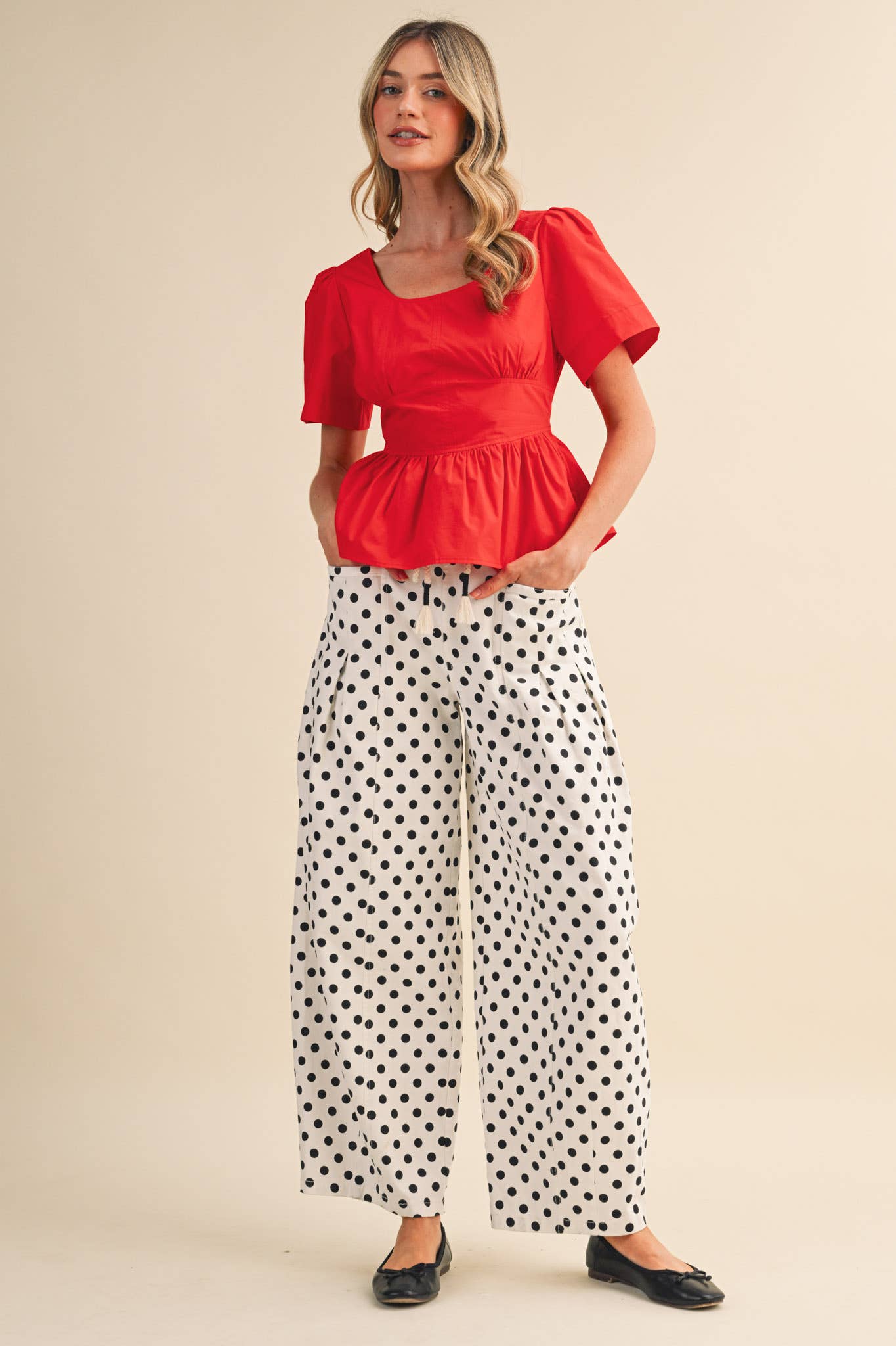 POLKA DOT PLEATED BARREL PANTS