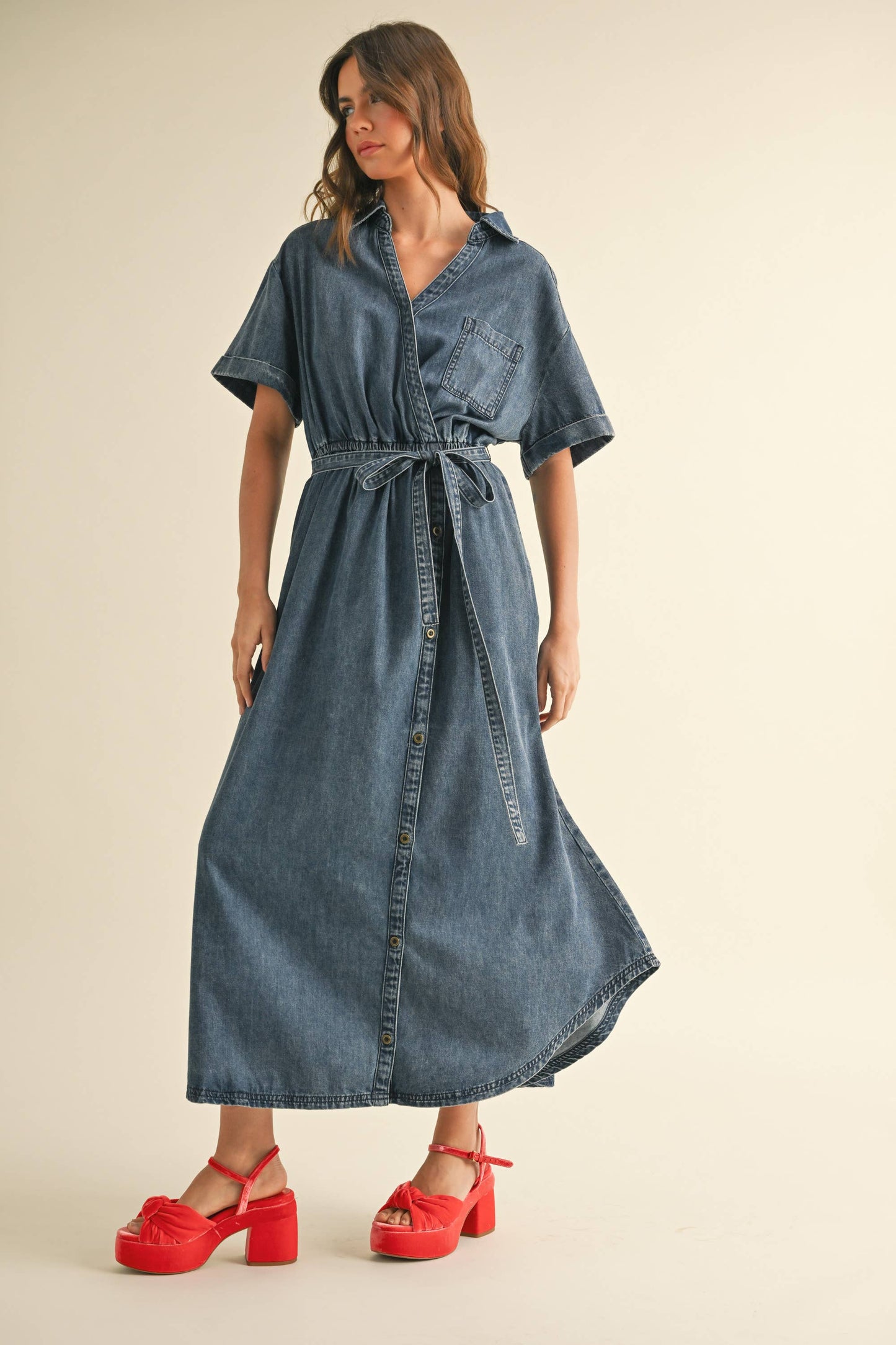 ASYMMETRIC BUTTON DETAIL DENIM SHIRT DRESS