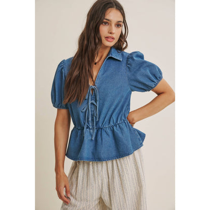 DENIM BOW MOMENT BLOUSE